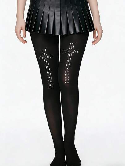 女士黑色塑形连裤袜（1 件装）——饰有交叉水钻图案，优雅提拉效果，春夏必备，百搭长袜，适合日常穿着、购物、约会和搭配。
