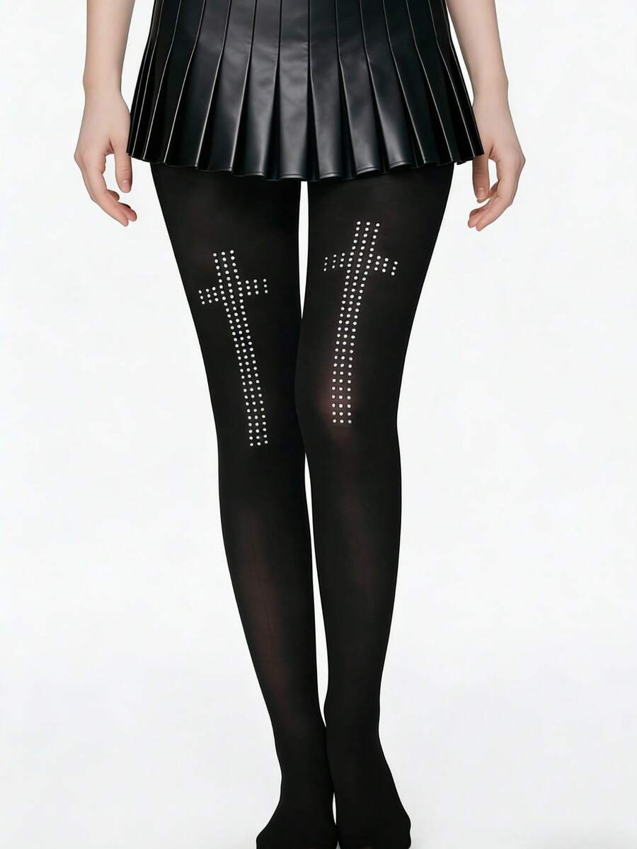1 pieza Medias moldeadoras negras para mujer - Con patrón de strass cruzado, efecto de levantamiento elegante, esencial de primavera/verano, medias versátiles - Negro - Ver 1