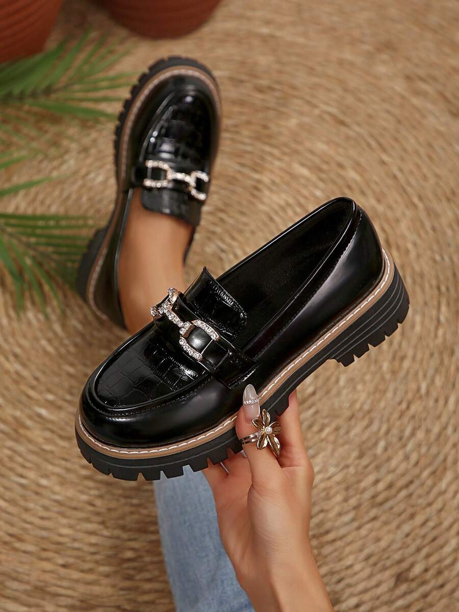 Mocasines de plataforma de moda, diseño de hebilla con diamantes de imitación brillantes, zapatos casuales tipo slip-on con tacón cuadrado, adecuados para el trabajo, citas y múltiples ocasiones, decoración de hebilla con diamantes de imitación en relieve brillante, estilo versátil para el uso diario, estilo universitario - Negro - Ver 1