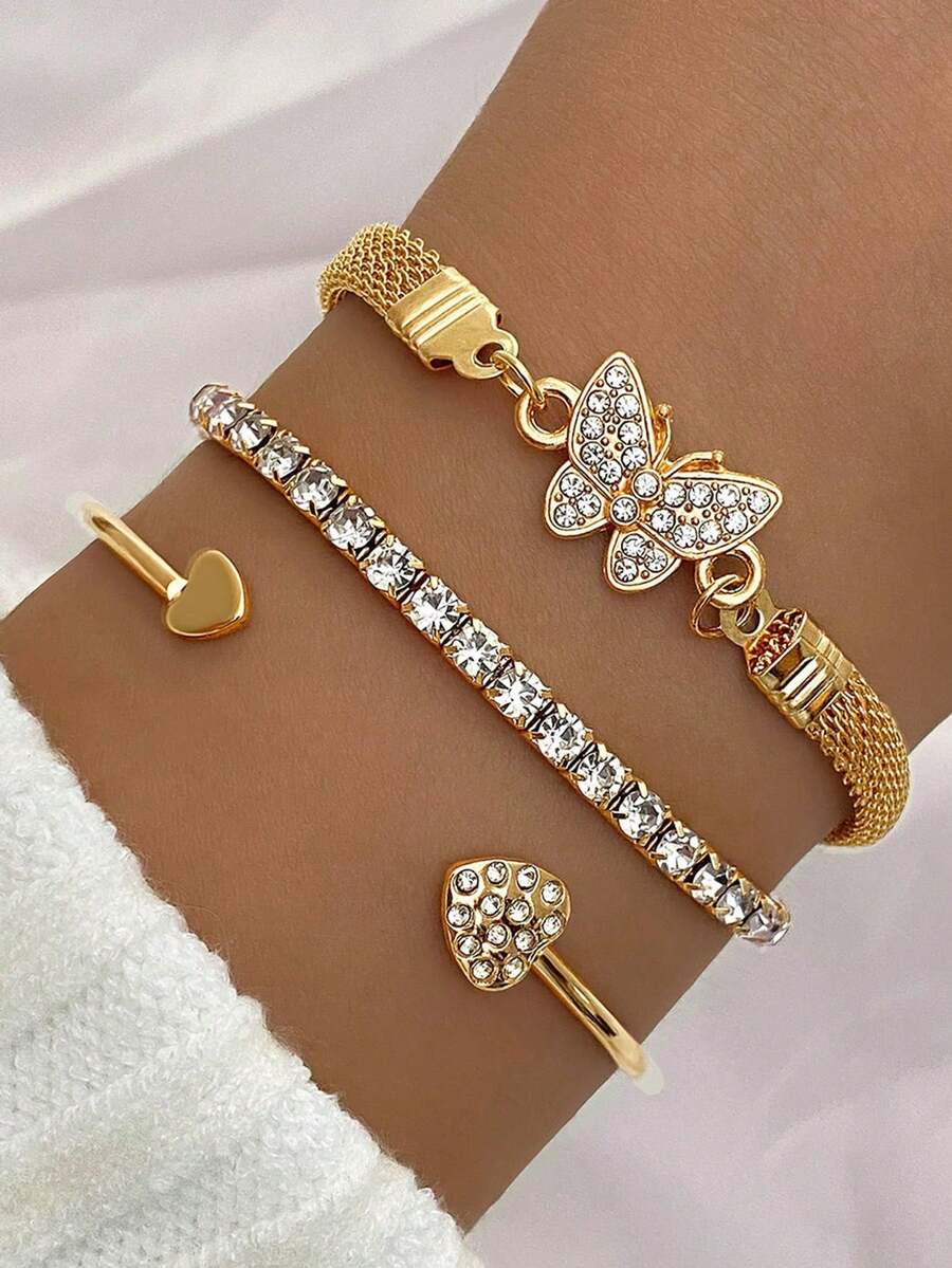 3pcs/Set Luxury Fashion Minimalist Personalized Rhinestone Butterfly & Heart Layered Bangle Bracelet, High-End Accessory Set For Women Valentines - Vàng - Xem 1