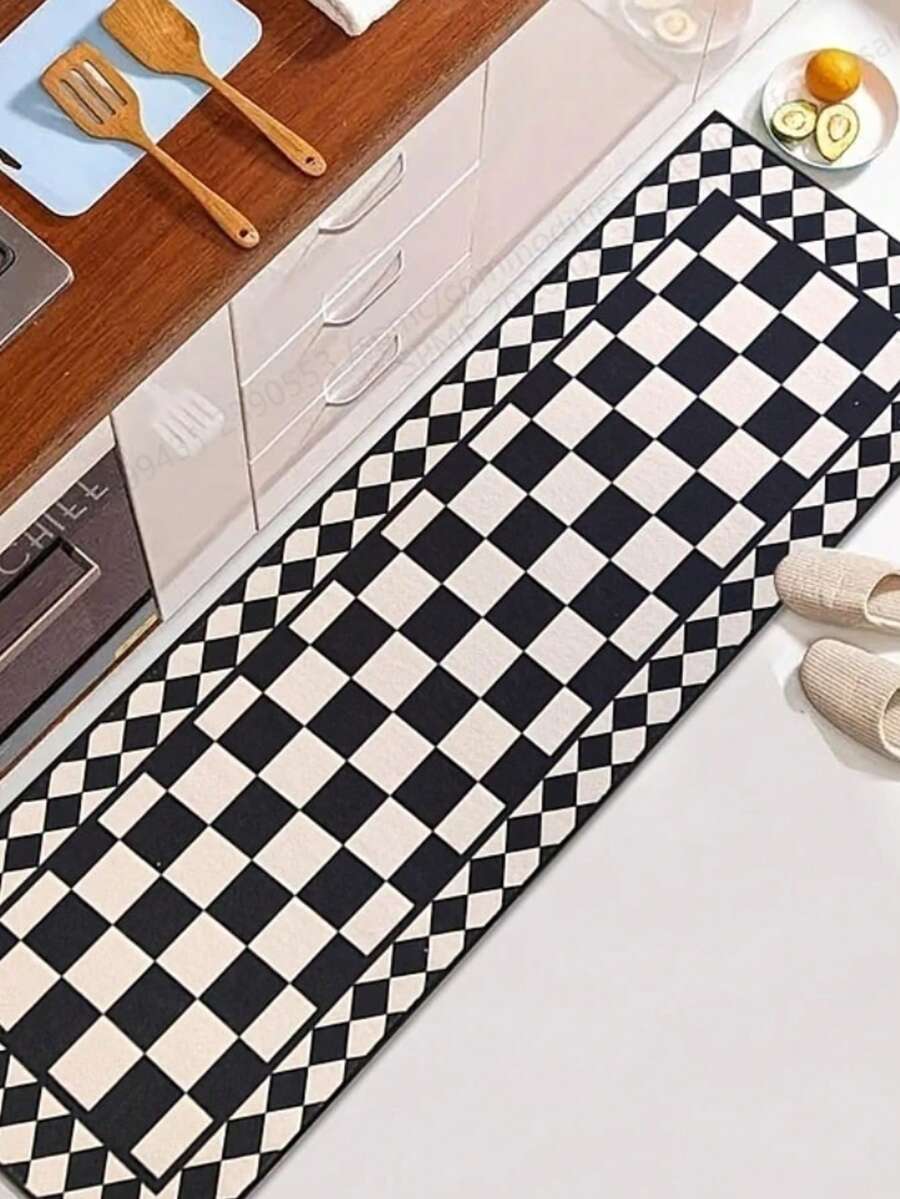 1pc Modern Luxury Kitchen Mat, Absorbent Non-Slip Living Room Carpet, Oil-Resistant Wear-Resistant Minimalist Checkerboard Pattern Diatomite Mat, Bathroom Absorbent Non-Slip Mat, Quick-Dry Doormat