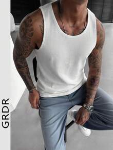 GRDR Men's Waffle Texture Sleeveless Tank Top, Fashionable Casual Versatile Knit Tank Top For Spring/Summer - White - View 2