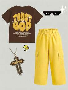 2pcs Boys "Trust God" Letter Print + Cargo Pants Creative Cool Versatile Spring/Summer Outfit Set - Khaki - View 2