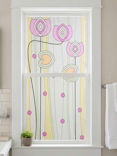  Película estática para ventana, privacidad, anti-espionaje, sin pegamento, removible, 44.5 X 100 Cm / 17.5 X 39.4 Pulgadas, Adhesivo decorativo de vidrio esmerilado con flores de tulipán rosa, con herramienta de instalación para hogar, baño, dormitorio, oficina y ventana de vidrio