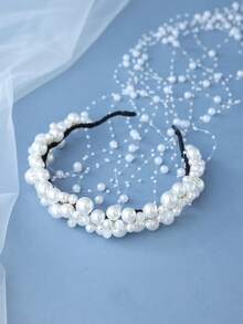 1 chiếc băng đô ngọc trai nhiều lớp sang trọng dành cho nữ, phụ kiện tóc cô dâu có tua rua, kiểu dáng váy cưới. - trắng - Xem 3