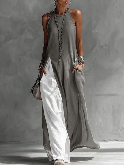 Gaun Tanpa Lengan Campuran Linen Retro Wanita, Gaun Linen Panjang Kasual dengan Tali Bahu Tipis dan Kantong Longgar untuk Musim Panas, Elegan, Gaya Boho Chic