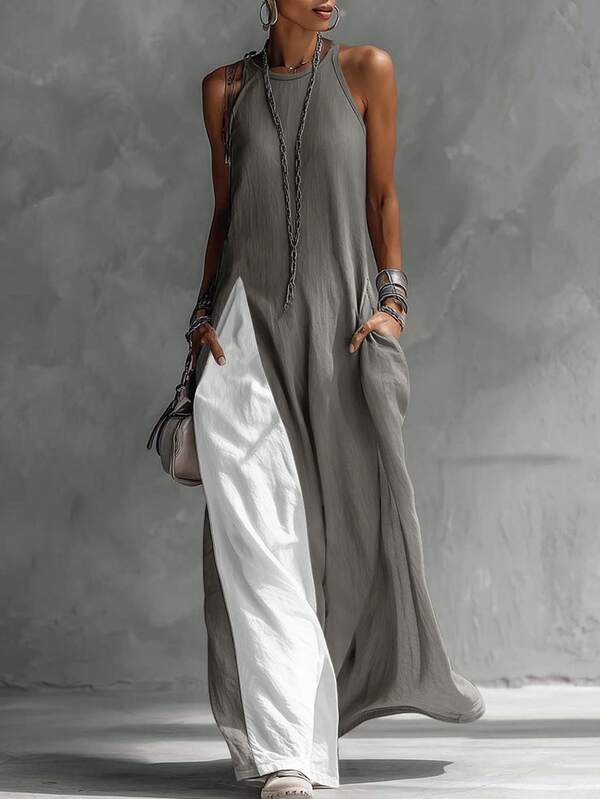 Women's Retro Linen Blend Color Block Sleeveless Dress, Casual Spaghetti Strap Loose Pockets Long Linen Dress For Summer Elegant
