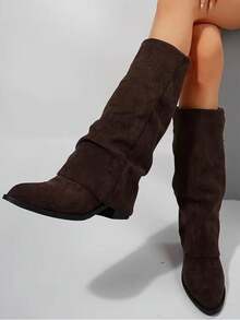 Suede Knee-High Boots For Autumn/Winter, French Style With Chunky Heel And Pointed Toe. Ref 9002 - 咖啡棕 - 查看 4