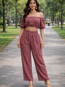 Set de dos piezas Ligero delgado Pantalón y blusa ombliguera de moda para mujer casual de uso diario de moda top corto unicolor para vacaciones - Guinda - Ver 5