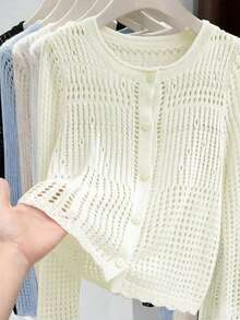 Áo khoác cardigan dệt kim thoáng khí khoét lỗ dành cho nữ, tay dài, nhẹ, chống nắng, thiết kế tối giản màu trắng. - trắng - Xem 3