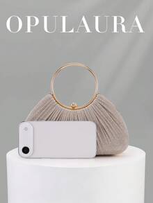 OpulAura 女款金屬質感奢華晚宴手拿包，亮金色線條派對手提包，靜奢風亮片晚宴包，禮服搭配包，適合舞會、派對、婚禮、新娘、伴娘、生日禮服，手持晚宴手拿包 - 金色 - 查看 3