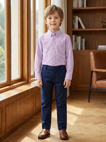 Áo sơ mi dài tay cho bé trai 6-14 tuổi, cổ áo cài cúc cổ điển, chất liệu cotton, có túi, màu tím. - Màu tím - Xem 2