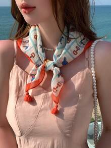 1条棉质马元素印花58厘米小方巾，时尚流苏发带，优雅 - 彩色 - 查看 16