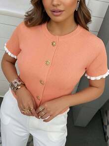 Women's Summer Button Ear Design Beige Knit Top, Elegant Casual Short Sleeve Knit Sweater, Suitable For Dates And Daily Wear - trái cam - Xem 6