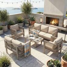 5-Piece Garden Furniture Set, Glass Top, Teslin Rope Weave, Including A 3-Seater Sofa, A 2-Seater Sofa, Two Armchairs And A Coffee Table, Khaki Colour. - Khaki - View 2