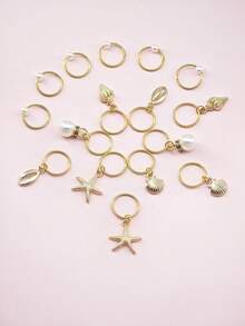 16pcs Luxury Beach Element Hair Rings With Golden Starfish, Conch, Shells & White Pearls - Summer Adjustable Alloy Hair Cuffs, Coastal Boho Jewelry For Dreadlocks - Gold - View 5