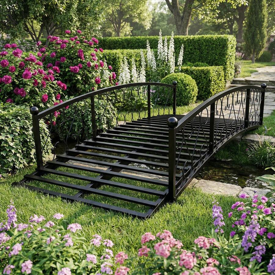 6 FT Metal Garden Bridge - Decorative Footbridge With Siderails, 660 LBS Weight Capacity, Outdoor Foot Bridge For Backyard, Creek, Stream, Pond (Black)