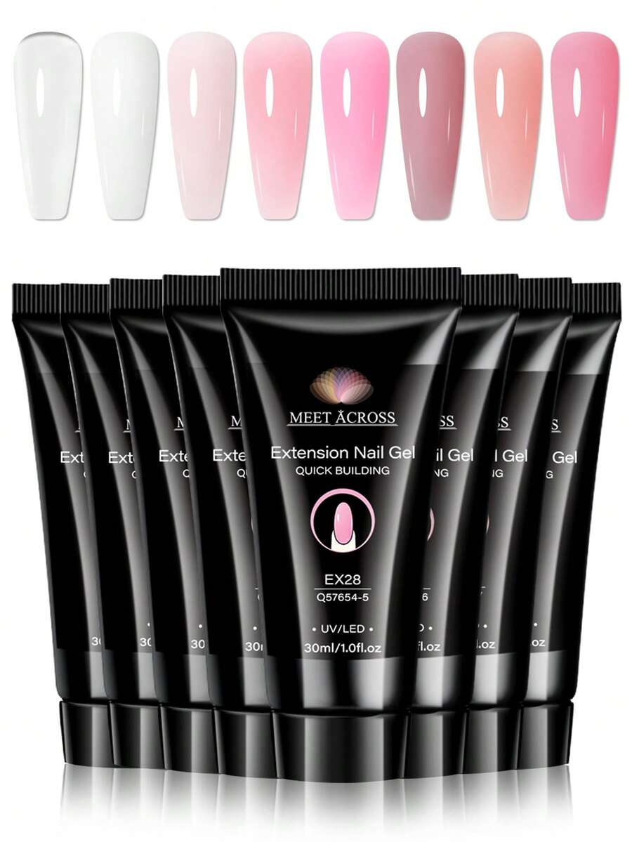MEET ACROSS 8pcs 30ml Pink Nail Extension Gel Polish Set, Long Lasting , Odorless, Easy To Use, Semi Permanent Quick Extension Nail Gel, Poly UV Gel For Summer Nails, Manicure Nail Art DIY For Salon & Home Use , Nail Supplies - 彩色 - 查看 1