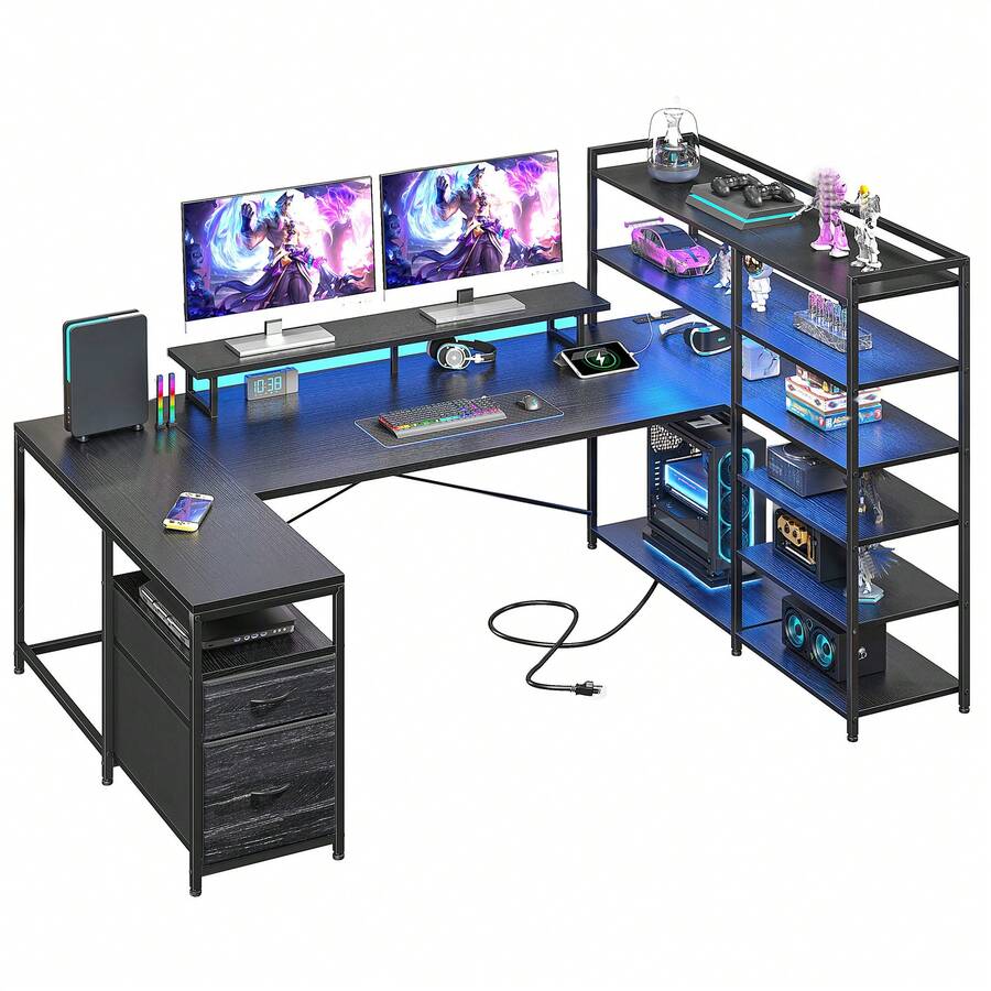 EnHomee Computer Desk With 6 Storage Shelves & 2 Fabric Drawers, 63 ...
