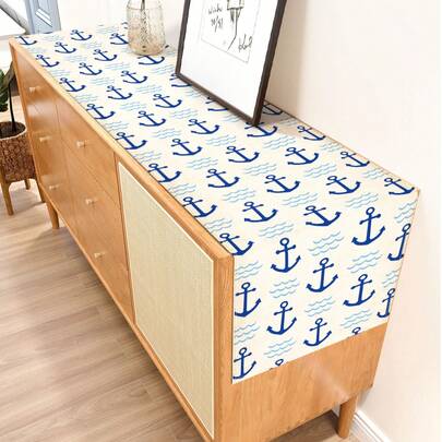 1pc Nautical Anchor Print Table Runner, 4pcs Nautical Pattern Printed Placemats, Suitable For Holidays, Parties, Birthdays, Dinners, Kitchen & Dining Room Decor, Applicable For All Seasons, Home Textile Decoration