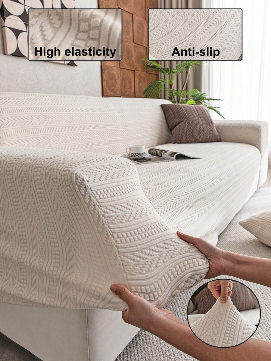 1pc Plush Velvet Stretch Sofa Cover, Pet-Friendly Non-Slip , Machine Washable Colorfast, Holiday Decor Adds Ambiance Protects Sofa, Fits 1/2/3/4 Seater Sofa, Comes With Anti-Slip Stick - Beige - View 1
