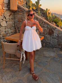 Women's Cute White Spaghetti Strap Mini Doll Dress, Sleeveless Flared Hem Twist Strap Fabric Sweet Dress For Summer Elegant - White - View 8