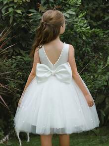 Vestido de fiesta de princesa con escote en V profundo y manga abullonada de tul con moño, adecuado para fiestas de cumpleaños, bailes, concursos de belleza, niñas de las flores, damas de honor, bodas y ocasiones especiales para niñas pequeñas - Blanco - Ver 2