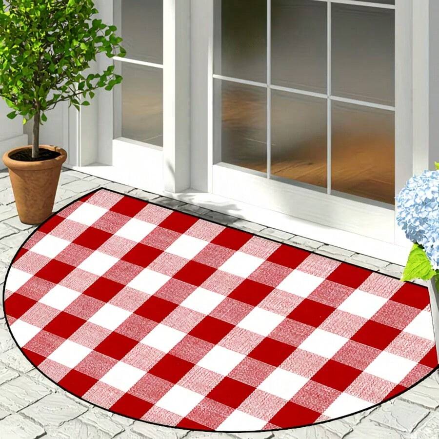 1pc Red & White Checkered Half-Circle Rug, Kitchen Mat, Kitchen Carpet, Classic Plaid Doormat, Small Rug, Carpet, Runner Rug, Floor Mat, Home Decor, Area Rug, Outdoor Mat, Bedroom Carpet, Washable Rug