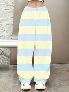 Striped Loose Fit Sweatpants Light Blue And Yellow Wide Leg Pants Casual Sporty Comfortable Drawstring Bottoms For Women With Elastic Waistband And Cuffed Ankles Perfect For Leisure And Workout Activities - 彩色 - 查看 2