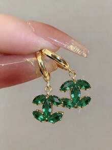 一对时尚优雅简约奢华高端镀铜立方氧化锆金吊坠耳环，适合女士日常佩戴 - 綠色時尚cc吊墜耳環 - 查看 5