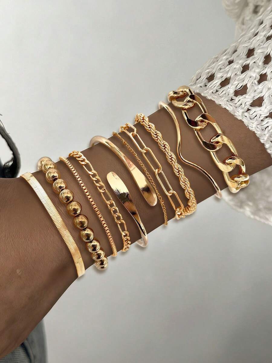 Bộ 10 chiếc vòng tay kim loại trơn, tối giản, thanh lịch, tinh tế, mang phong cách retro với họa tiết hình học, gồm các hạt cườm, hạt cườm hình giọt nước, dây xích mắt xích, dây xích xoắn, dây xích khóa, phù hợp cho các dịp lễ, tiệc tùng, hẹn hò, làm quà tặng và đeo hàng ngày. - Vàng - Xem 1