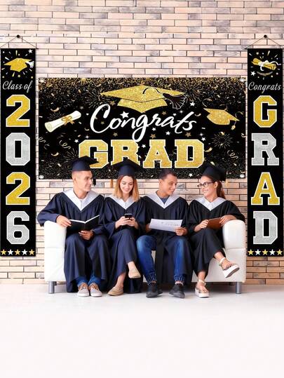 2026 毕业季装饰套装（3 件套）| 毕业典礼室内/室外门廊装饰 | 大型毕业季套装：金色和黑色“祝贺毕业生”派对背景幕布和横幅