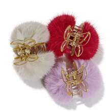 3 pièces/set Élégants clips à cheveux en fausse fourrure acrylique de couleur unie avec pompon, accessoires en tissu doux convenant pour le port quotidien, tenues de printemps/automne/hiver/été, pinces à cheveux de plage - Multicolore - Voir 5