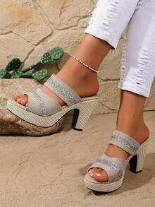 2026 Spring/Summer New European And American Style Black Velvet Rhinestone Double-Strap Woven Platform Thick Heel Sandals, Woven Strap Slide Sandals - Khaki - View 3