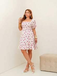 RAINBOW Women's Short Princess Floral Dress With Puff Sleeves And Elasticated Fabric - Elegant Fashion - One Size Fits 36-42 (Brazilian Sizes) - Crepe Fabric - 128-112 白色 - 查看 5