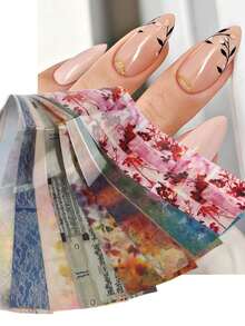 10片/包 复古宫廷风花叶蕾丝美甲箔转印贴纸 古诗水彩渐变大理石纹理剪影画 春夏浪漫婚礼美甲DIY美甲用品 女士及女孩适用（不粘手） - 彩色 - 查看 8