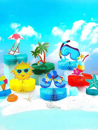 12件套沙滩蜂窝中心装饰品，泳池蛋糕球，餐桌装饰品，沙滩泳池派对用品，生日装饰品，泳池派对装饰品，派对装饰品，沙滩派对装饰品，沙滩主题派对装饰品，沙滩夏季蜂窝餐桌布置，泳池派对餐桌摆设配件，夏季泳池派对装饰品。