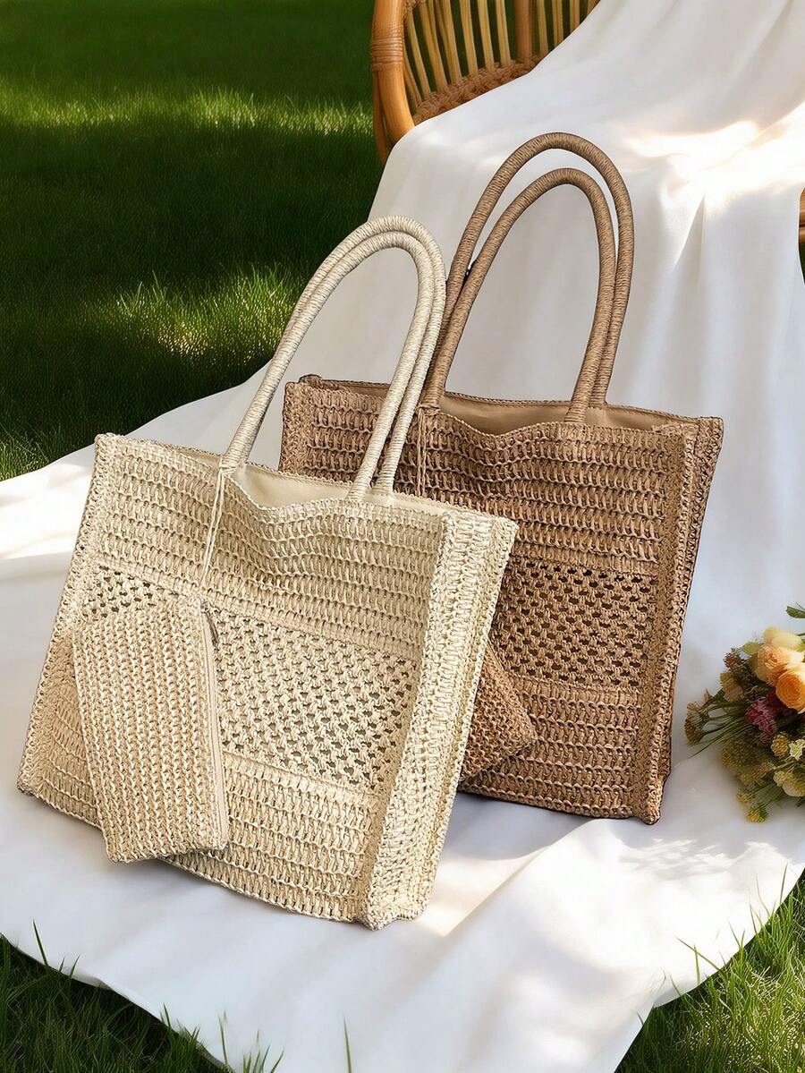 镂空编织草编手提包，配同款小钱包，大容量单肩包，法式度假风，适合通勤、海滩、日常休闲使用
