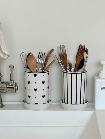 1 buc Suport ceramic minimalist pentru bețișoare, cu dungi alb-negru, inimă și buline, coș de scurgere pentru bețișoare de uz casnic nou, cutie de depozitare pentru linguri, organizator pentru bețișoare de bucătărie cu bază de scurgere, suport creativ pentru depozitarea tacâmurilor