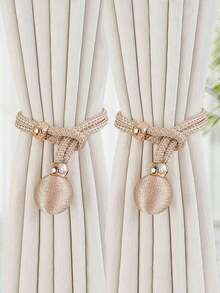 2026 New Boho Aesthetic 2pcs Ball Decor Polyester Curtain Tieback Modern Solid Pom Pom Curtain Strap Tie Gifts For Birthday Graduation - Champagne - 查看 5