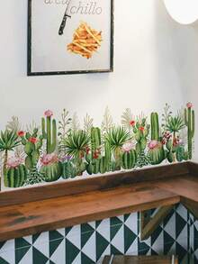 1pc Green Flowering Cactus Wall Decal, Removable Bedroom Living Room Entryway Baseboard Decor Sticker - 1PC - View 1