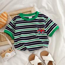 Toddler Striped Short Sleeve Top, Cotton Casual Loose Fit Tee For Spring/Summer - Green - View 2