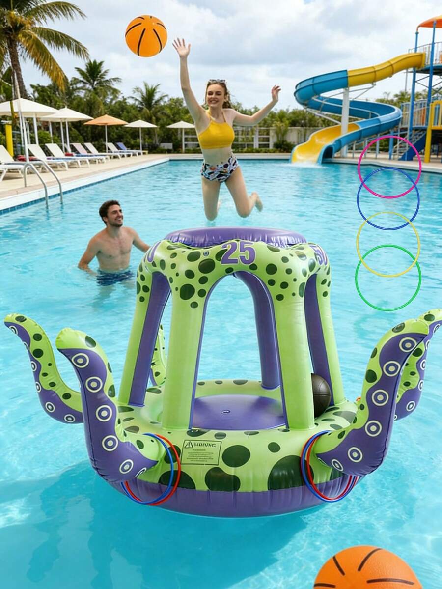 1 Set Portable Inflatable Basketball Hoop Pool Party Set, Inflatable Pool Float, Includes Inflatable Basketball, Rings, Suitable For Adult Family Entertainment, Outdoor Leisure, Summer Party, Beach, Pool, Lake And Other Water Activities, Holiday Essential - Octopus Basketball Hoop - View 1