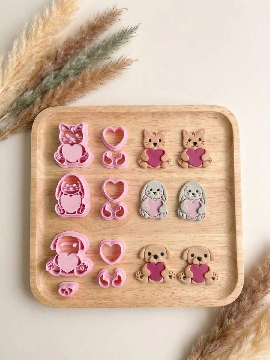Valentine's Day Animal Heart Clay Cutter Set, Polymer Clay Cutters, DIY Craft Tool For Pet Lover Jewelry Making - Pink - View 1
