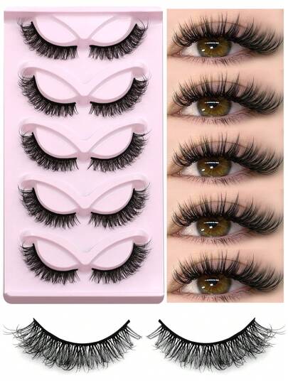 GROINNEYA 5 Pairs Spiky Criss-Cross Lashes Natural Fluffy 3D Mink Eyelashes Wispy Volume Full Strip Lashes Comfortable Delicate Cat Eye Lashes False Eyelashes Soft Band Fake Eyelashes,Suitable For Vacation And Dating