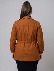 Plus Size Bengaline Jacket, Plus Size Winter Overcoat, Drawstring Cuffs, Fitted Waist, Parka Style - 駝色 - 查看 3