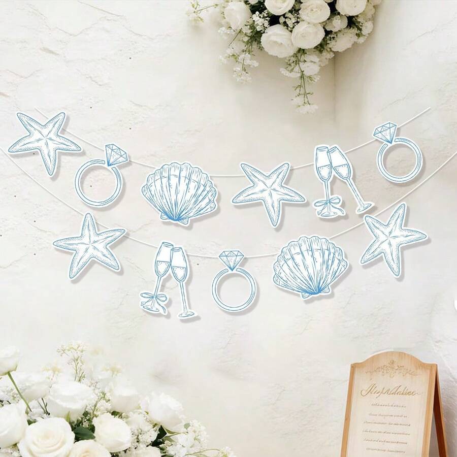Beach Last Call Banner, Beach Bridal Or Bachelorette Party Decor, Seashell, Champagne Glass, Wedding Ring Shaped Decorations - View 1