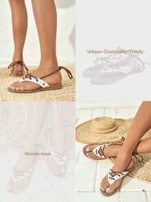 Dép xăng đan đế bằng cho nữ, dép xỏ ngón đế bằng màu trắng đính sao và đinh tán, dép xỏ ngón đi biển cho nữ. - trắng - Xem 10