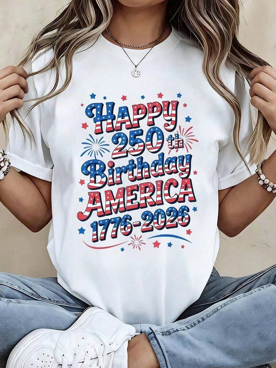 Happy 250th Birthday America 1776 2026 Patriotic Independence Day T-Shirt Women's White Graphic Tee Celebration Shirt USA Flag Design - màu đen - Xem 1