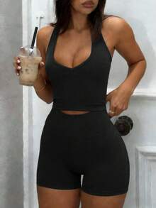 Women's Sexy V-Neck Camisole And High Waist Shorts Set, Suitable For Yoga, Fitness, Running, Pilates And Gym Black Summer - 黑色 - 查看 3